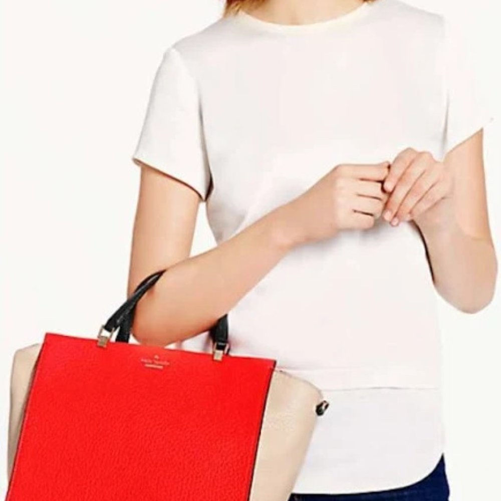 Kate Spade HAYDEN Color Block Chelsea Square Pebble Leather RED Creme hamptons